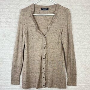 ELIE TAHARI Metallic Linen Blend Button Down Cardigan Ruffled Minimalist